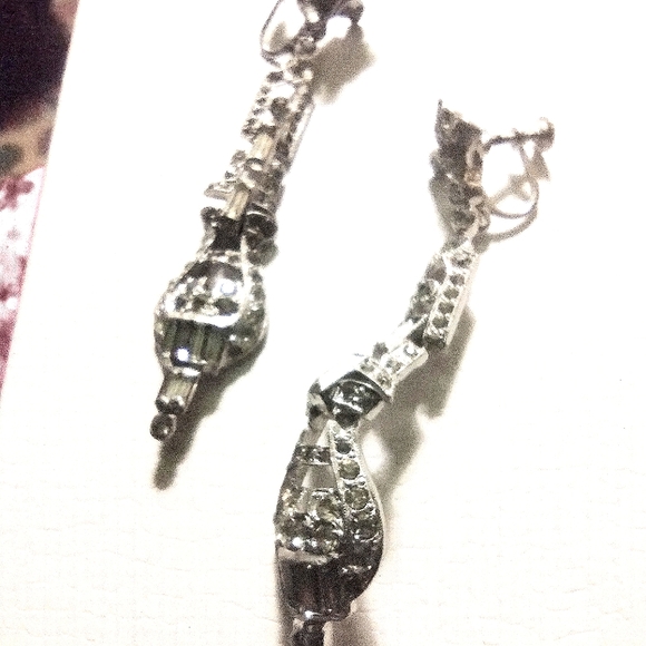 VINTAGE ANTIQUE ART DECO 1920'S DANGLE RHINESTONE STERLING  EARRINGS - Picture 3 of 4
